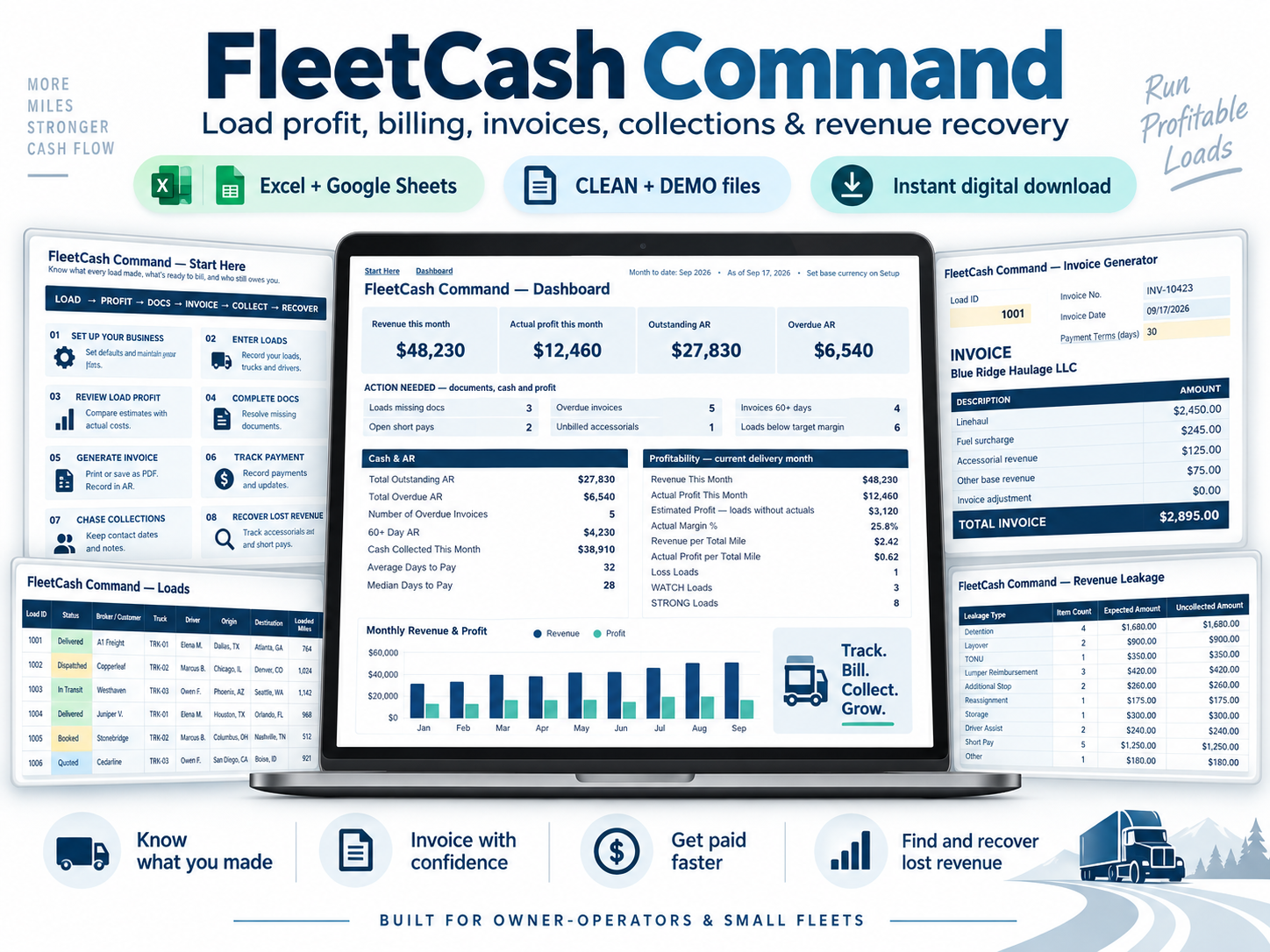 FleetCash Command dashboard, invoice generator and load workflow preview